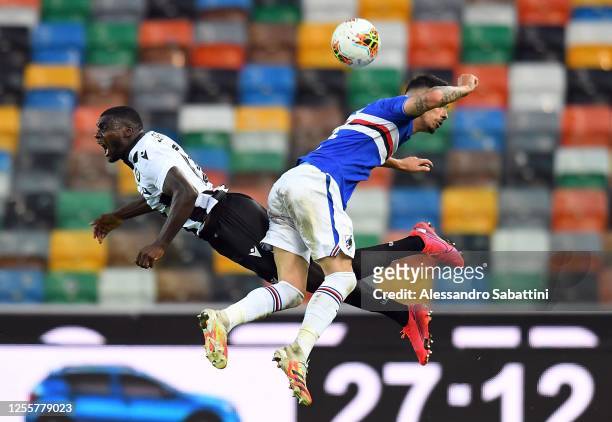 Ken Sema of Udinese Calcio competes for the ball with Fabio Depaoli of UC Sampdoria during the Serie A match between Udinese Calcio and UC Sampdoria...