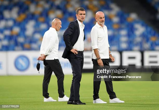 Paolo Maldini AC Milan Technical director and Stefano Pioli AC Milan look on coach before the Serie A match between SSC Napoli and AC Milan at Stadio...