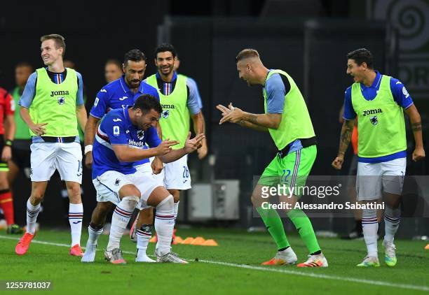Federico Bonazzoli of UC Sampdoria celebrates after scoring his team second goal during the Serie A match between Udinese Calcio and UC Sampdoria at...