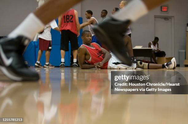 Matthew Barrow keeps an eye on another paticipant during tryouts for the Rio Grande Valley Vipers NBA D-League tryouts at Memorial Herman Wellness...