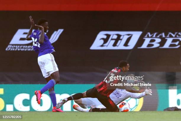 Callum Wilson of AFC Bournemouth is brought down by Wilfred Ndidi of Leicester City which leads to a penalty being awarded to AFC Bournemouth during...