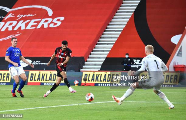 Dominic Solanke of AFC Bournemouth scores his sides second goal during the Premier League match between AFC Bournemouth and Leicester City at...