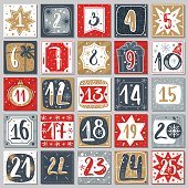 December advent calendar. Christmas poster countdown printable tags numbered poster with xmas ornament, winter postcard vector template
