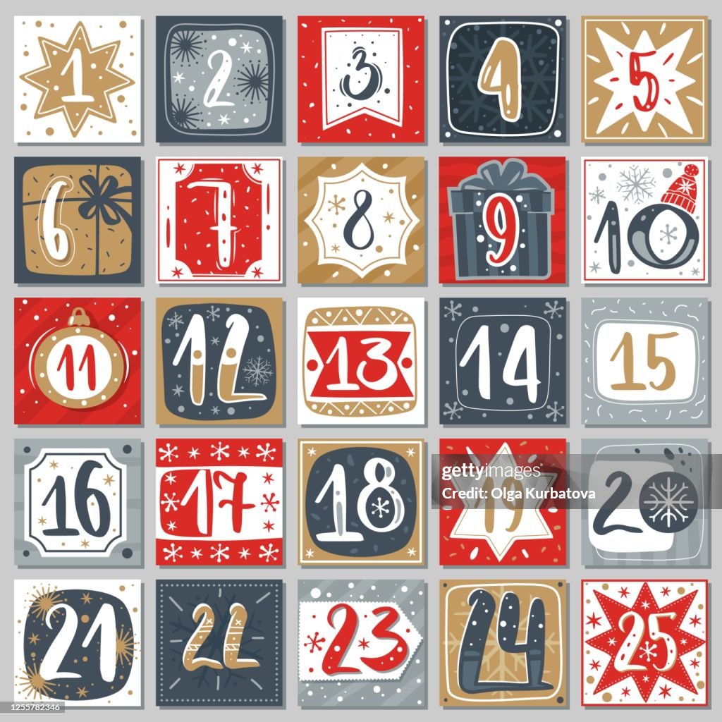 December advent calendar. Christmas poster countdown printable tags numbered poster with xmas ornament, winter postcard vector template