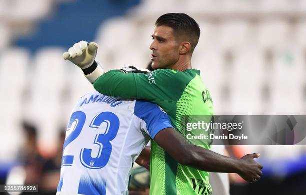 Ivan Cuellar of Leganes celebrates with Ibrahim Amadou after beating Valencia 1-0 in the Liga match between CD Leganes and Valencia CF at Estadio...