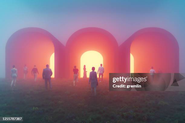 people walking towards mysterious tunnels - realismo conceptual imagens e fotografias de stock