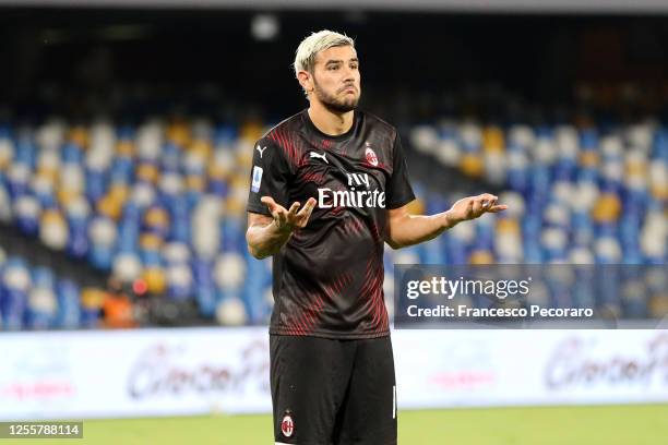 Theo Hernandez of AC Milan celebrates after scoring the 0-1 goal during the Serie A match between SSC Napoli and AC Milan at Stadio San Paolo on July...