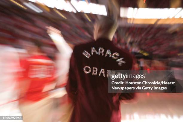 The Houston Rockets Steve Frances wears a jacket supporting democratic presidential candidate Barack Obama during player introductions before the...