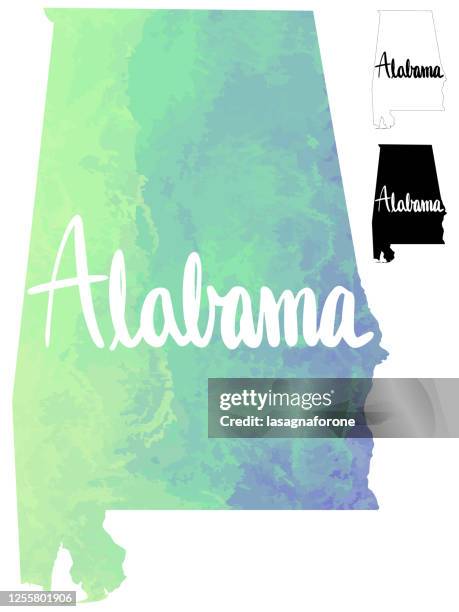 stockillustraties, clipart, cartoons en iconen met alabama, usa aquarel getextureerde kleurgradiënt vector kaart w / kalligrafie - mobile alabama