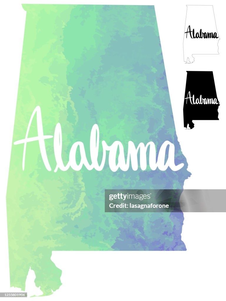 Alabama, USA Watercolor Textured Color Gradient Vector Map w/ Calligraphy