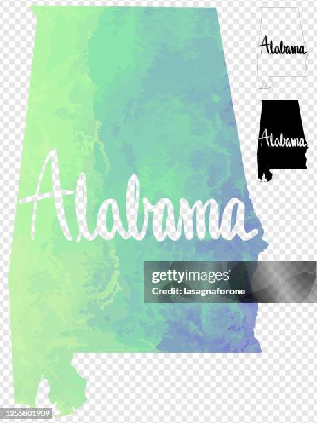 alabama, usa watercolor textured color gradient vector map w/ calligraphy - mobile alabama stock illustrations