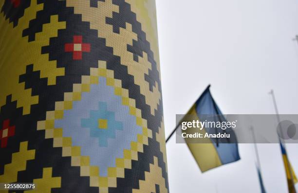 View of a Vyshyvanka pattern painted on a building column during the celebration of World Vyshyvanka Day in Lviv, Ukraine on May 18, 2023. World...