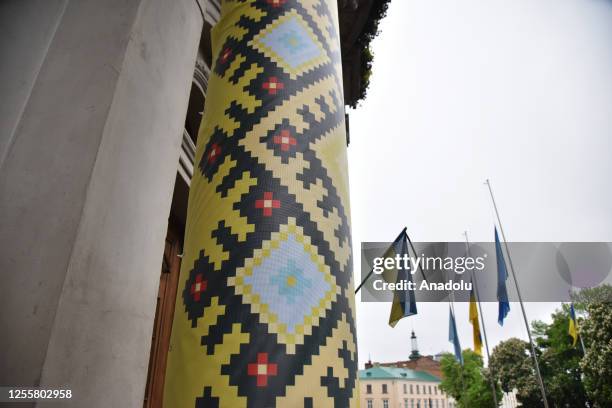 View of a Vyshyvanka pattern painted on a building column during the celebration of World Vyshyvanka Day in Lviv, Ukraine on May 18, 2023. World...