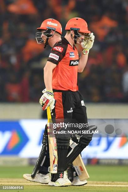 Sunrisers Hyderabad's Harry Brook and Heinrich Klaasen run between the wickets during the Indian Premier League Twenty20 cricket match between...