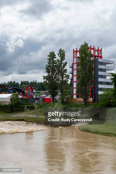 River is seen at a high level next to the "Autodromo di Imola" after the F1 Grand Prix of Emilia Romagna was cancelled due to flooding on May 18,...