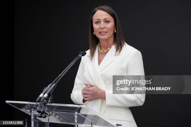 Chief executive of the British Fashion Council Caroline Rush delivers a speech during the Queen Elizabeth II Award for British Design ceremony hosted...