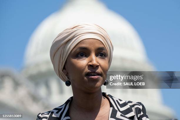 Representative Ilhan Omar, Democrat of Minnesota, speaks during a press conference with family members of Palestinian-American journalist Shireen Abu...