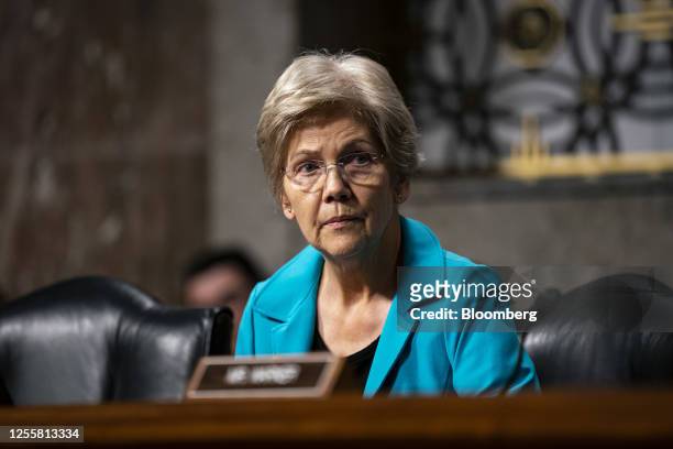 Senator Elizabeth Warren, a Democrat from Massachusetts, during a Senate Banking, Housing, and Urban Affairs Committee hearing in Washington, DC, US,...