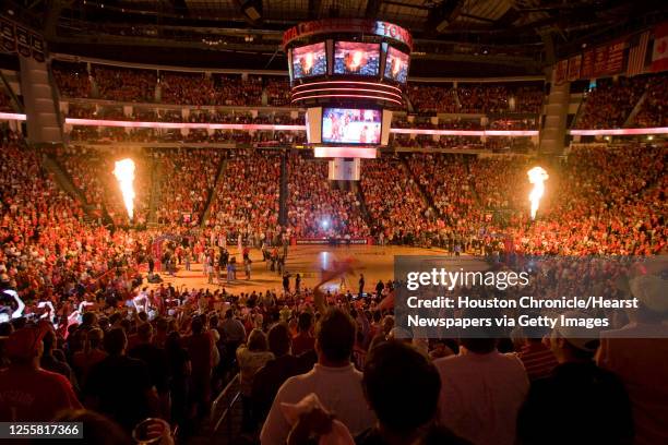 Fireworks explode before of Game 6 of the NBA Western Conference first round playoff basketball game between the Houston Rockets and the Portland...