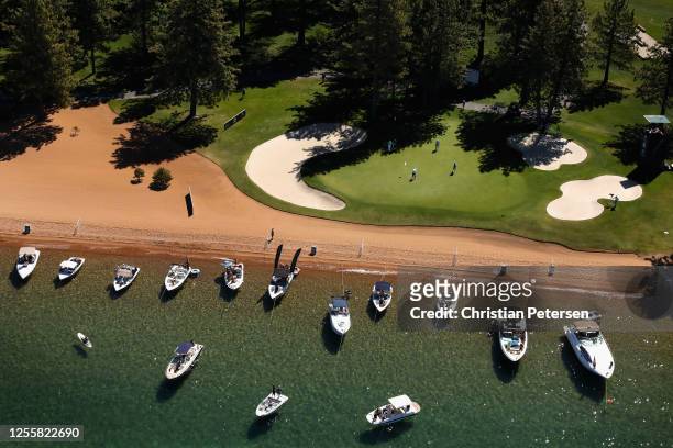 Aerial view over the 17th green at Edgewood Tahoe South course during the final round of the American Century Championship on July 12, 2020 in South...