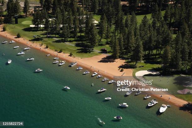 Aerial view over the 17th hole at Edgewood Tahoe South course during the final round of the American Century Championship on July 12, 2020 in South...