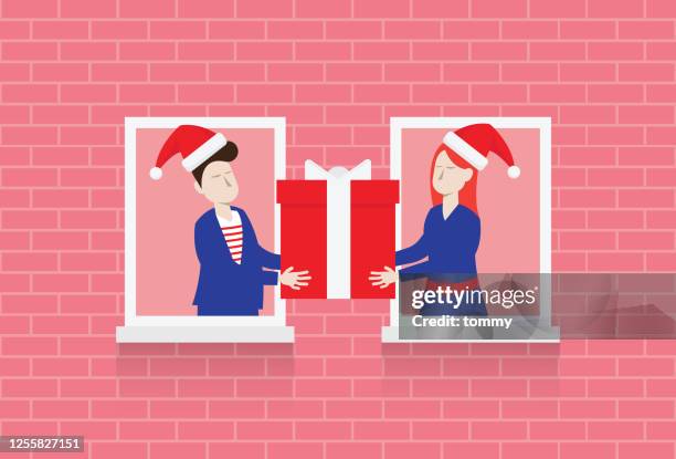 menschen geben weihnachtsgeschenke durchdas fenster - window illustration stock-grafiken, -clipart, -cartoons und -symbole