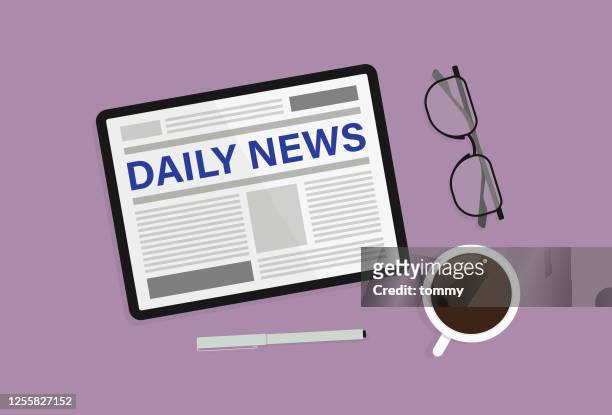 newspaper, pen, glasses, and coffee cup - news event stock illustrations