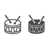 Drum line and solid icon, Kids toys concept, Drum toy sign on white background, Snare Drum icon in outline style for mobile concept and web design. Vector graphics.