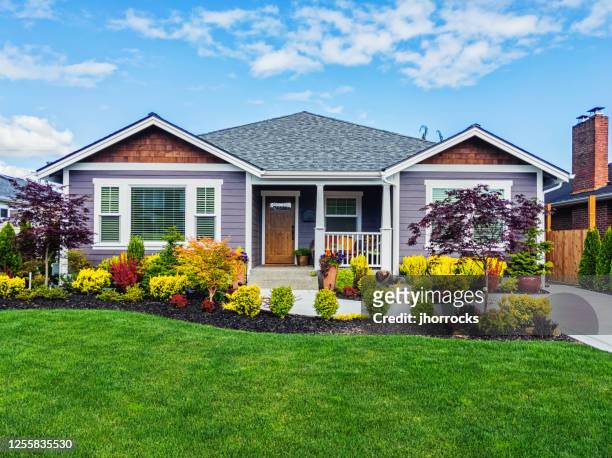 modern custom suburban home exterior - landscaped stock pictures, royalty-free photos & images