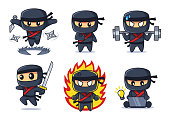 black Ninja cartoon collection in various poses set
