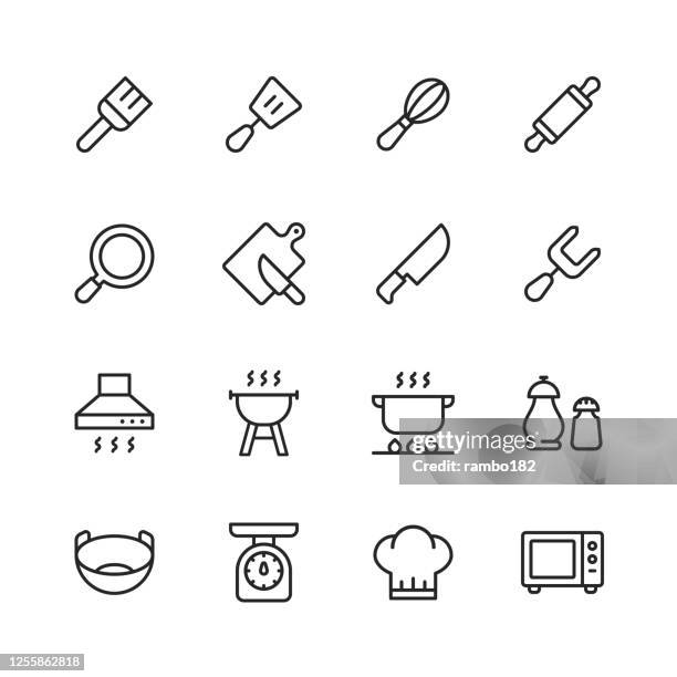 cooking line icons. editable stroke. pixel perfect. for mobile and web. contains such icons as pastry brush, spatula, whisk, rolling pin, frying pan, kitchen knife, paddle, fork, cooker hood, grill, pan, bowl, chef hat, microwave, chopping board, food. - basting brush stock illustrations