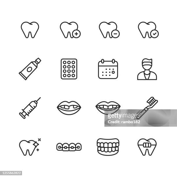ilustrações, clipart, desenhos animados e ícones de ícones da linha odontológica. golpe editável. pixel perfeito. para mobile e web. contém ícones como dente, proteção, pasta de dente, pílula, calendário, dentista, seringa, anestesia, sorriso, clareamento dos dentes, limpeza de dentes, dentadura, i - branqueamento dos dentes
