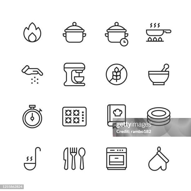 illustrations, cliparts, dessins animés et icônes de icônes de ligne de cuisson. course modifiable. pixel parfait. pour mobile et web. contient des icônes telles que le feu, pot, poêle, friture, assaisonnement, relish, épices, mélangeur, sans gluten, bol, poêle à gaz, recette, plats, soupe, couverts, - mode de cuisson des aliments