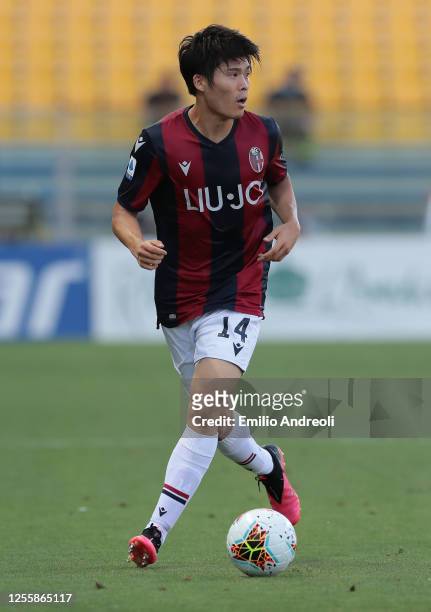 Takehiro Tomiyasu of Bologna FC in action during the Serie A match between Parma Calcio and Bologna FC at Stadio Ennio Tardini on July 12, 2020 in...