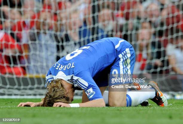 Fernando Torres of Chelsea reacts after missing an open goal during the Barclays Premier League match between Manchester United and Chelsea at Old...