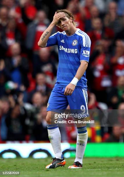 Fernando Torres of Chelsea looks dejected during the Barclays Premier League match between Manchester United and Chelsea at Old Trafford on September...
