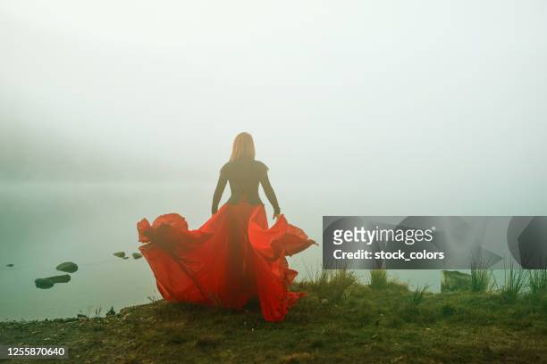rear view of woman at the lake in fog - the fairy queen stock pictures, royalty-free photos & images
