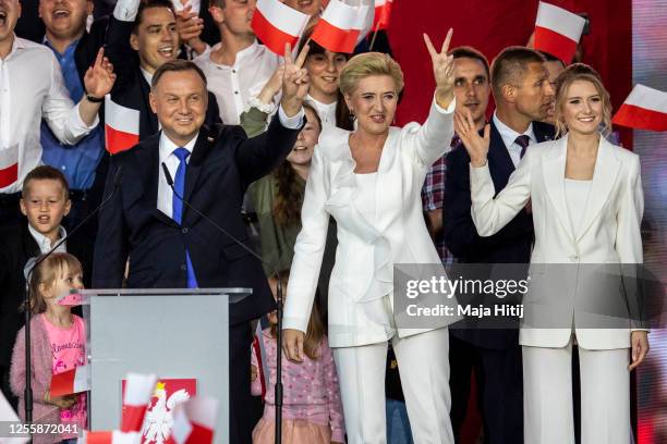 Polish President backed by the right-wing Law and Justice party , Andrzej Duda and his wife, Agata Kornhauser Duda and daughter Kinga Duda celebrate...