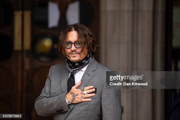 Actor Johnny Depp arrives at the Royal Courts of Justice, Strand on July 13, 2020 in London, England. American actor Johnny Depp is taking News Group...