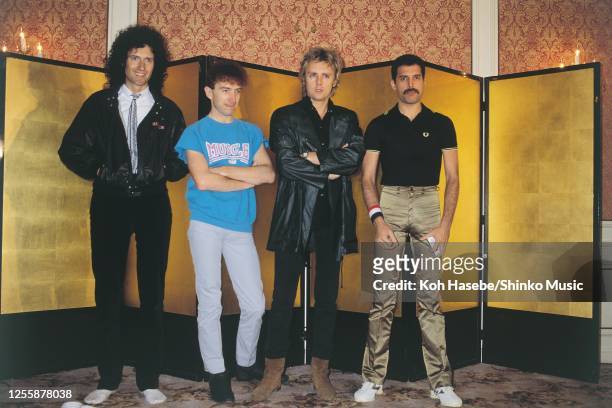 British rock band Queen press conference/reception at Rhiga Royal Hotel, Osaka, Japan, 22nd October 1982. Brian May , John Deacon , Roger Taylor ,...