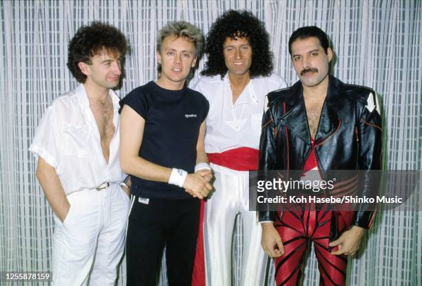 British rock band Queen perform on 'The Works' tour, the venue, May 1985. John Deacon , Roger Taylor , Brian May , Freddie Mercury .