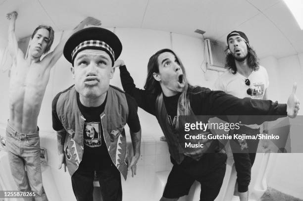 Red Hot Chili Peppers, photo shoot backstage in Club Citta Kawasaki, Kakagawa, Japan, 27th January 1990. John Frusciante , Michael 'Flea' Balzary ,...