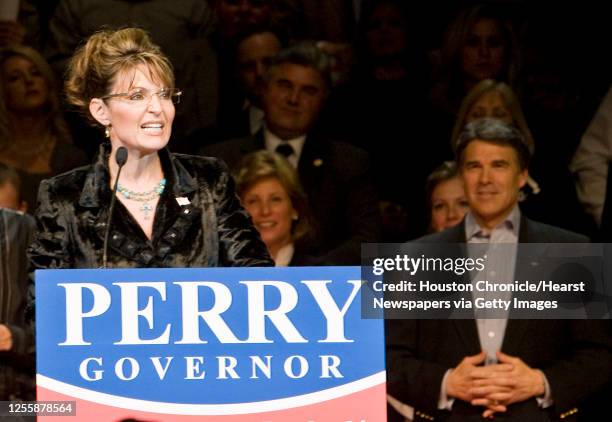 Former Alaska Governor Sarah Palin speaks at a political rally where she announced her endorsement for Texas Governor Rick Perry reelection campaign...