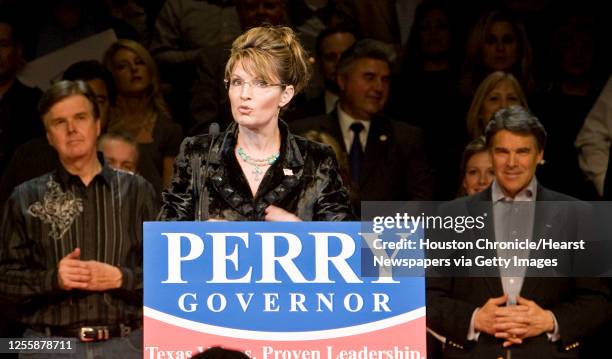 Former Alaska Governor Sarah Palin speaks at a political rally where she announced her endorsement for Texas Governor Rick Perry reelection campaign...