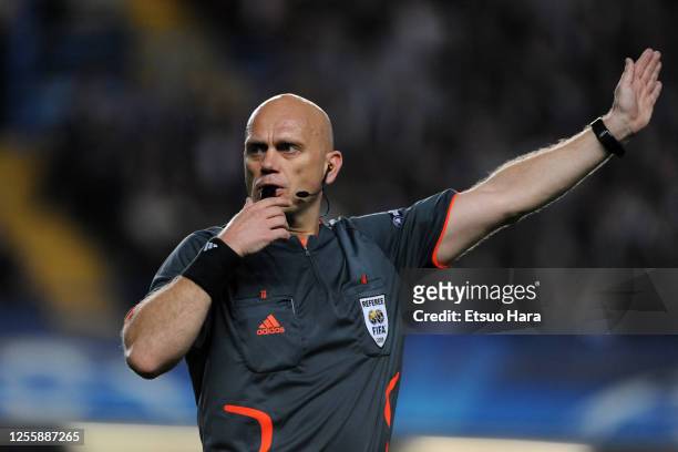 Referee Tom Henning Ovrebo during the UEFA Champions League semi final second leg match between Chelsea and Barcelona at Stamford Bridge on May 6,...
