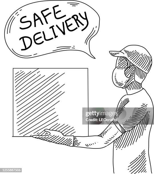 safe delivery concept drawing - pollution mask india stock illustrations