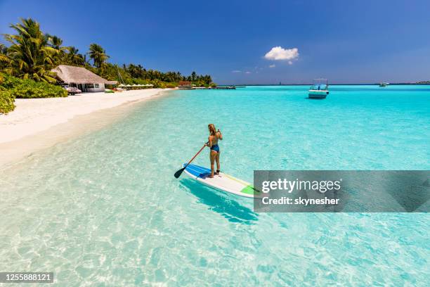 vista trasera de las mujeres despreocupadas paddleboard en el día de verano en el mar. - maldivas fotografías e imágenes de stock