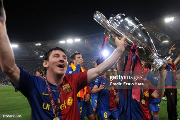 Lionel Messi and Barcelona players celebrate after the UEFA Champions League final between Barcelona and Manchester United at the Stadio Olympico on...