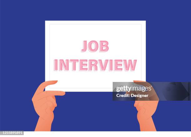 hand holding paper and showing written job interview - first interview stock illustrations