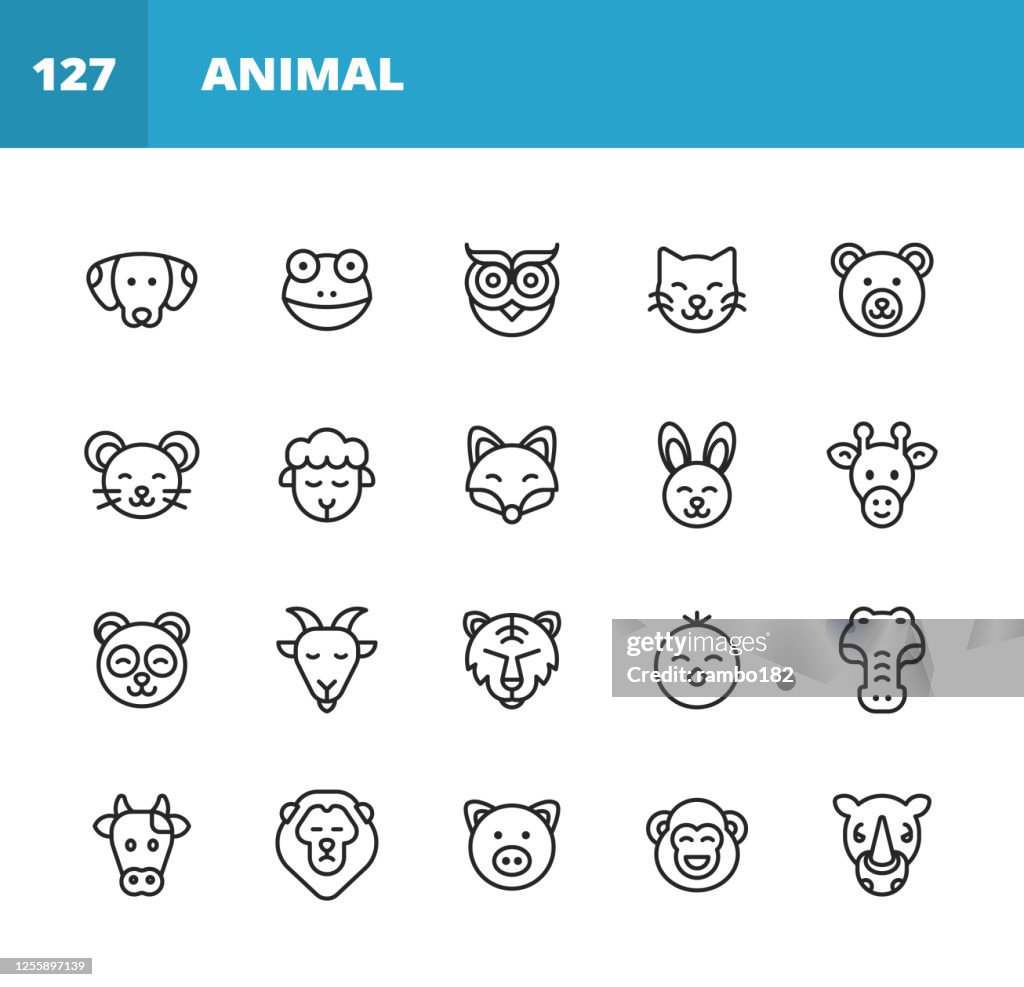 動物線圖示。可編輯描邊。圖元完美。用於行動和 Web。包含這樣的圖示,如狗,青蛙,貓頭鷹,鳥,貓,小貓,老鼠,綿羊,狐狸,兔子,熊貓,山羊,獅子,老虎,小雞,牛,豬,猴子。
